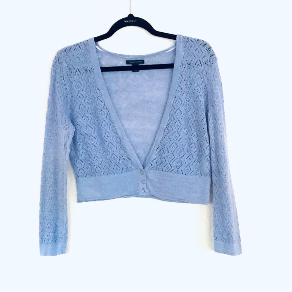 TOMMY HILFIGER Light Blue Crotchet 3/4 Sleeves Buttom Cardigan Sz M